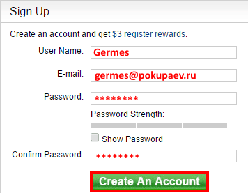 Пример заполнения формы регистрации на DinoDirect.com