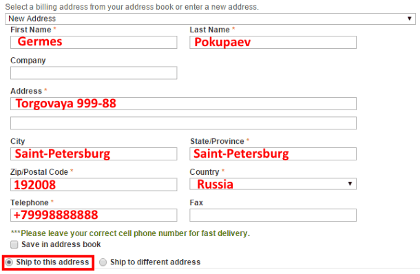 Пример заполнения формы адреса доставки на ChinaBuye.com
