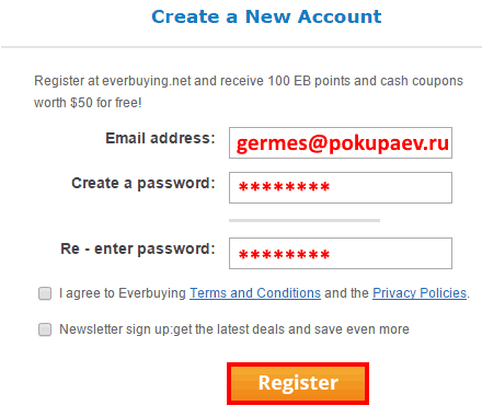 Образец заполнения формы регистрации на EverBuing.net