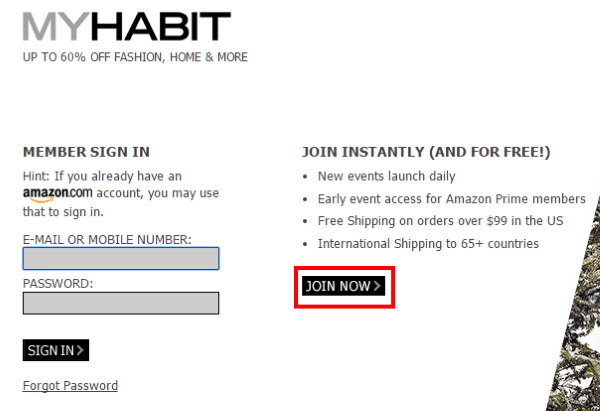 Ссылка для регистрации в закрытом клубе распродаж MyHabit.com
