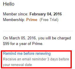 Подписка на уведомление об окончании бесплатного пробного периода Amazon Prime